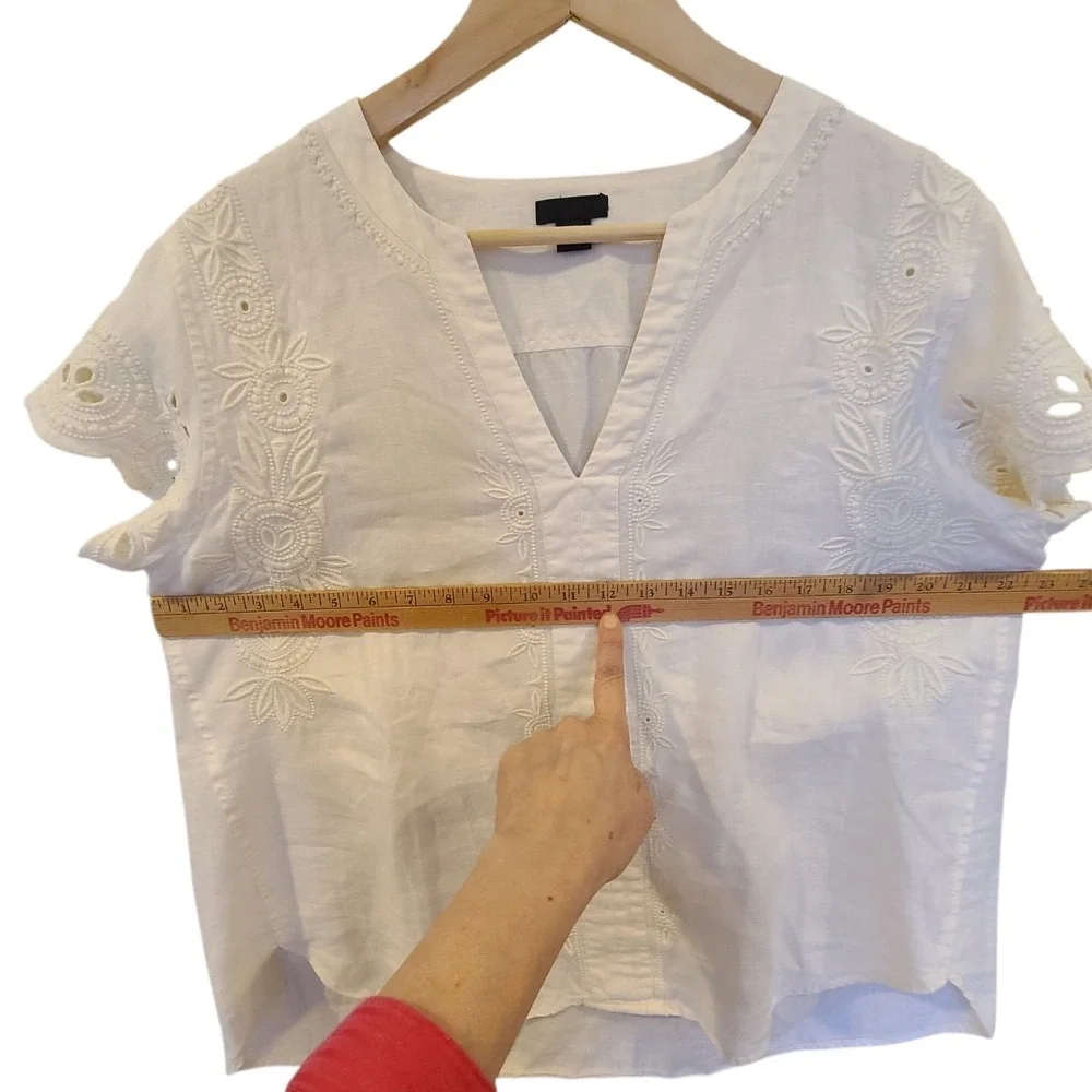 J. Crew 100% Linen Top 16 White Embroidered Short‎ Sleeves V-neck Lightweight